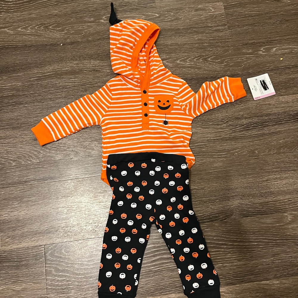 Little Me Orange and Black Pumpkin Hooded Set size 9 months